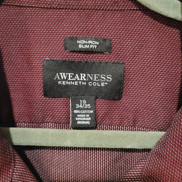 Awearness Kenneth Cole Burgundy Dress Shirt Mens XL 19 34/35 Slim Fit Non Iron - Picture 4 of 7